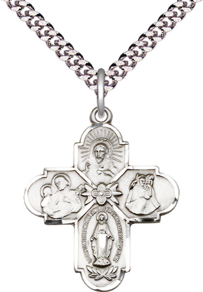Sterling Silver 4-Way Pendant on a 24 inch Light Rhodium Heavy Curb chain