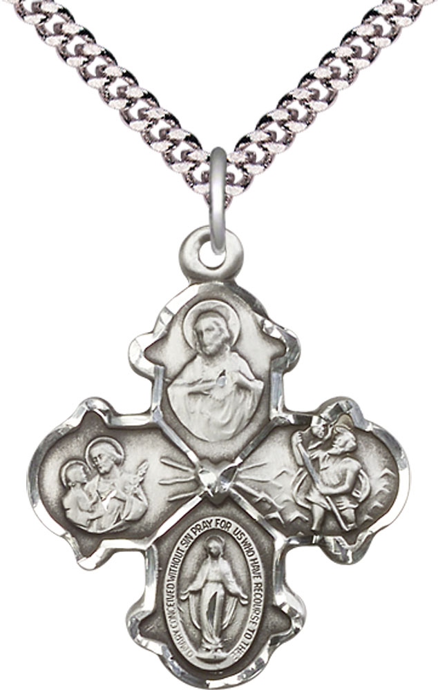 Sterling Silver 4-Way Pendant on a 24 inch Light Rhodium Heavy Curb chain