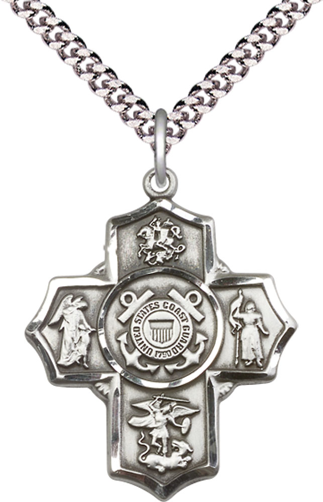 Sterling Silver 5-Way Coast Guard Pendant on a 24 inch Light Rhodium Heavy Curb chain