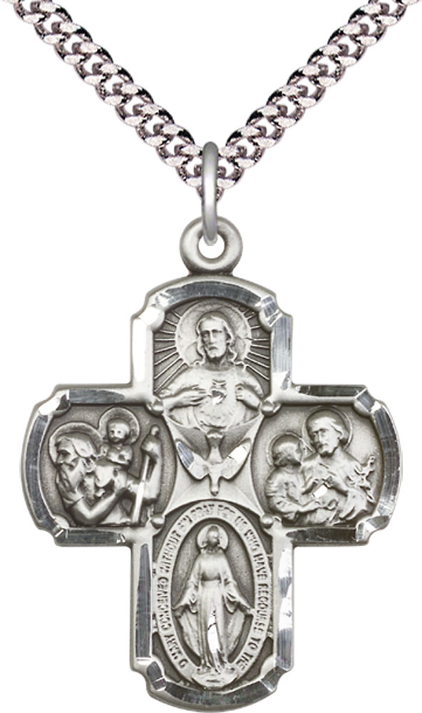 Sterling Silver 4-Way Pendant on a 24 inch Light Rhodium Heavy Curb chain
