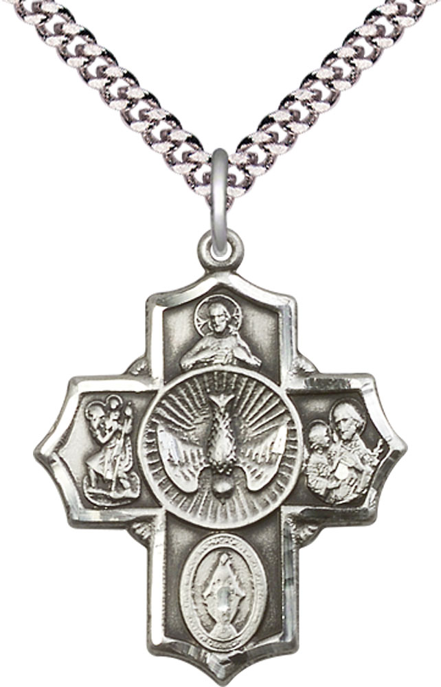 Sterling Silver 5-Way Pendant on a 24 inch Light Rhodium Heavy Curb chain