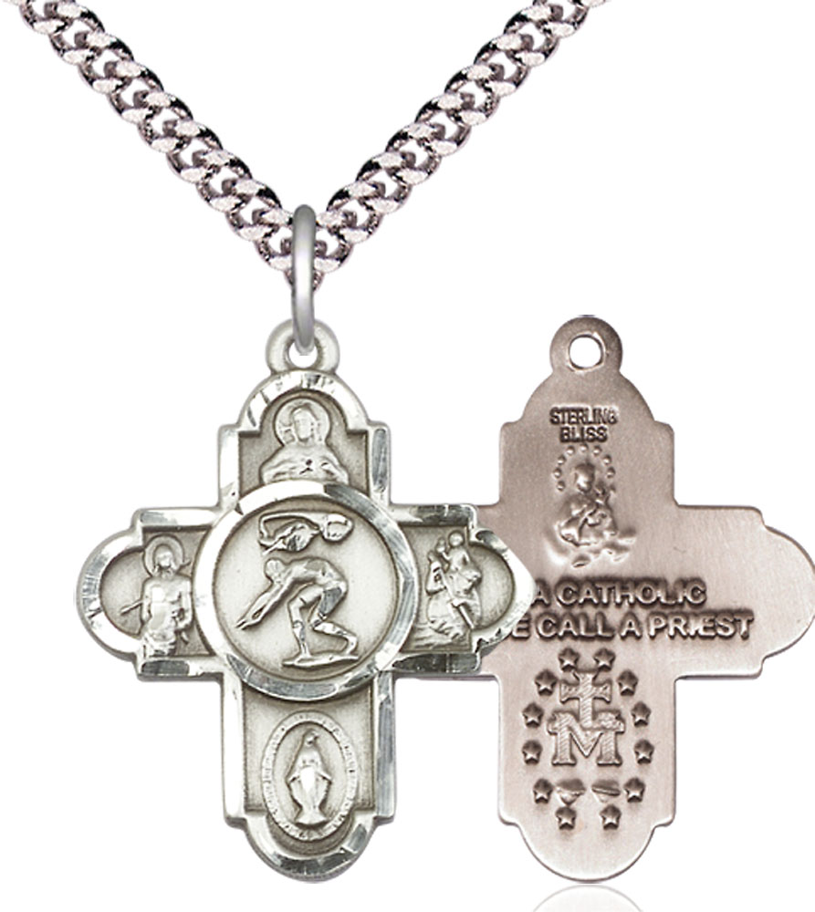 Sterling Silver 5-Way Swimming Pendant on a 24 inch Light Rhodium Heavy Curb chain