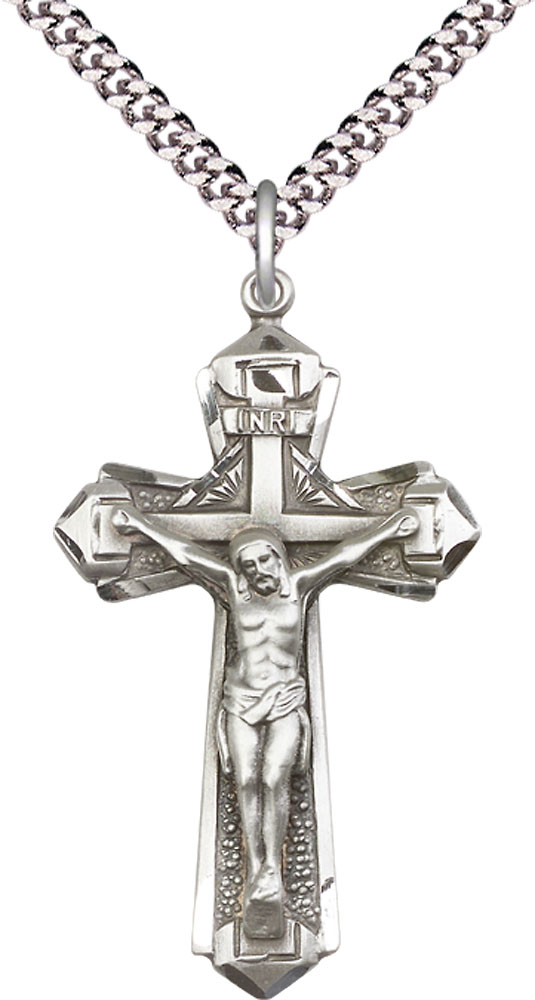 Sterling Silver Crucifix Pendant on a 24 inch Light Rhodium Heavy Curb chain