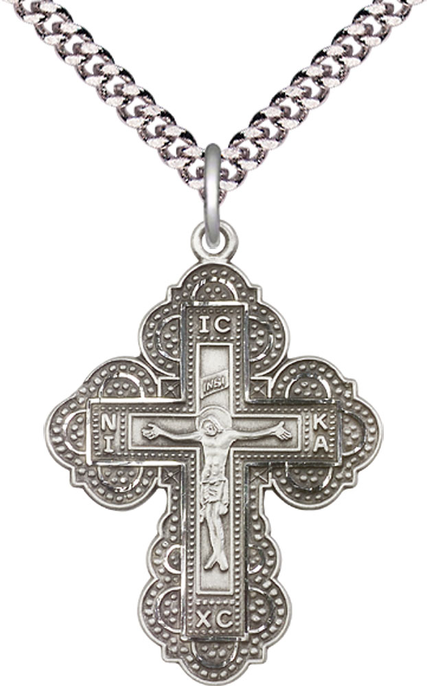 Sterling Silver Irene Cross Pendant on a 24 inch Light Rhodium Heavy Curb chain