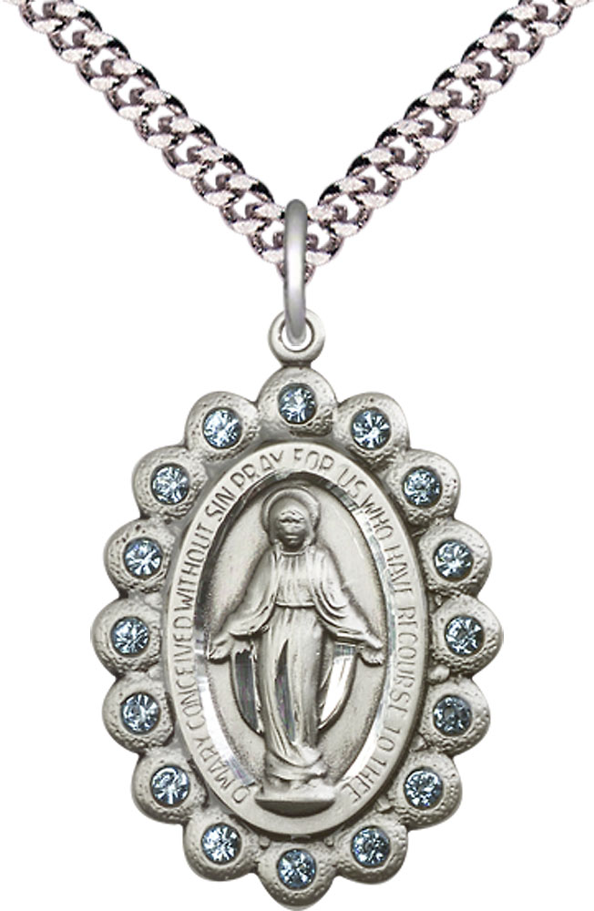 Sterling Silver Miraculous Pendant on a 24 inch Light Rhodium Heavy Curb chain