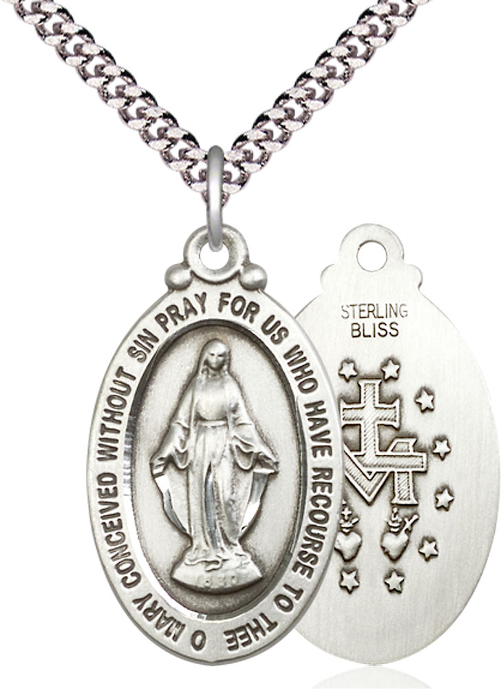 Sterling Silver Miraculous Pendant on a 24 inch Light Rhodium Heavy Curb chain