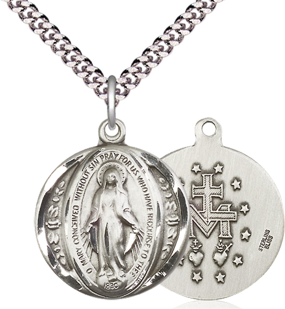 Sterling Silver Miraculous Pendant on a 24 inch Light Rhodium Heavy Curb chain