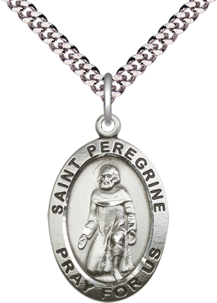 Sterling Silver Saint Peregrine Pendant on a 24 inch Light Rhodium Heavy Curb chain