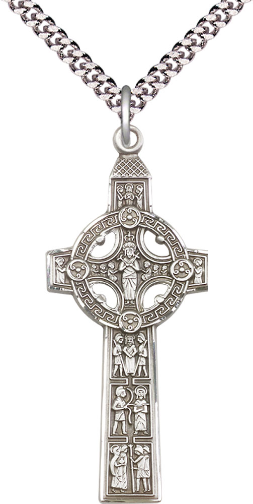 Sterling Silver Scriptures Cross Pendant on a 24 inch Light Rhodium Heavy Curb chain