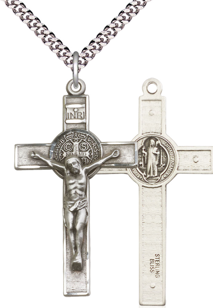 Sterling Silver Saint Benedict Crucifix Pendant on a 24 inch Light Rhodium Heavy Curb chain