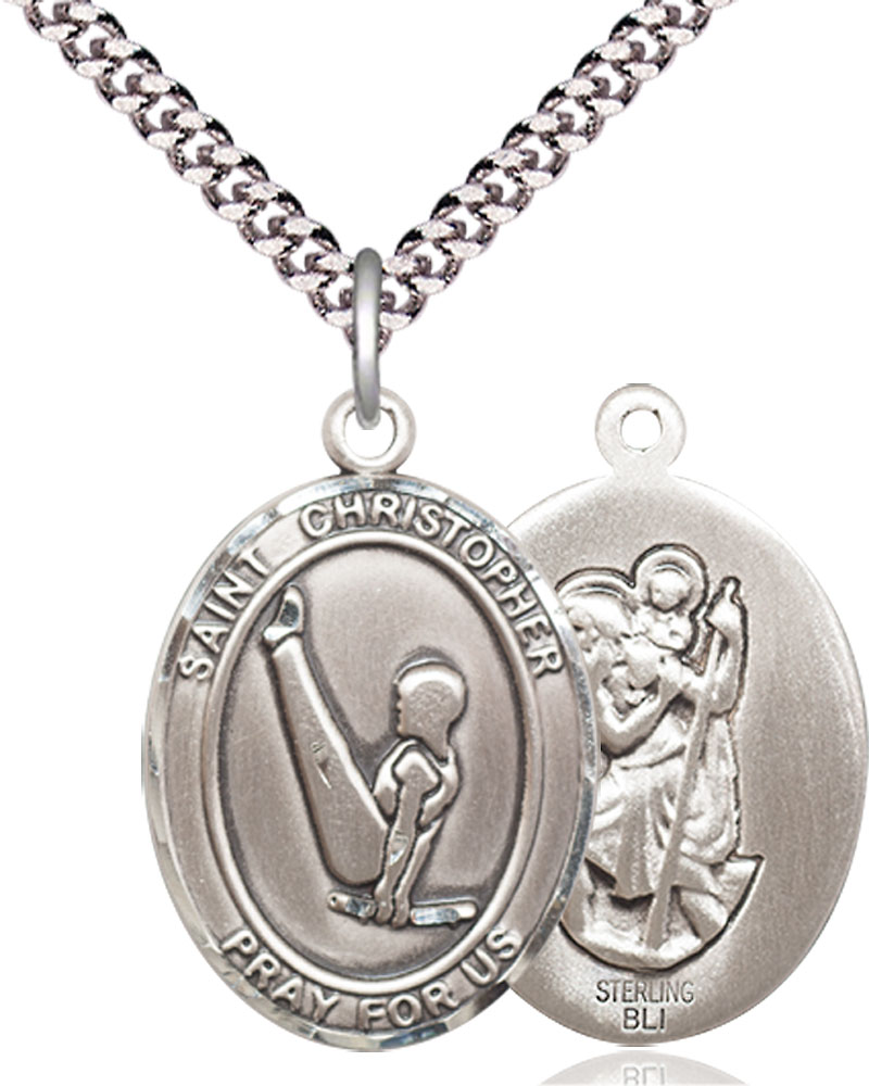 Sterling Silver Saint Christopher Gymnastics Pendant on a 24 inch Light Rhodium Heavy Curb chain