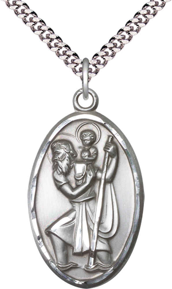 Sterling Silver Saint Christopher Pendant on a 24 inch Light Rhodium Heavy Curb chain