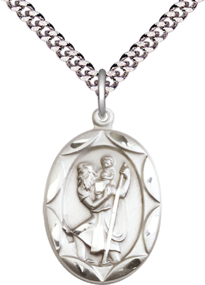 Sterling Silver Saint Christopher Pendant on a 24 inch Light Rhodium Heavy Curb chain