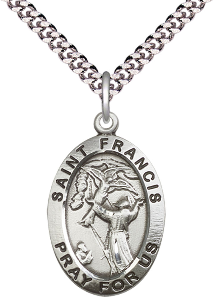 Sterling Silver Saint Francis of Assisi Pendant on a 24 inch Light Rhodium Heavy Curb chain