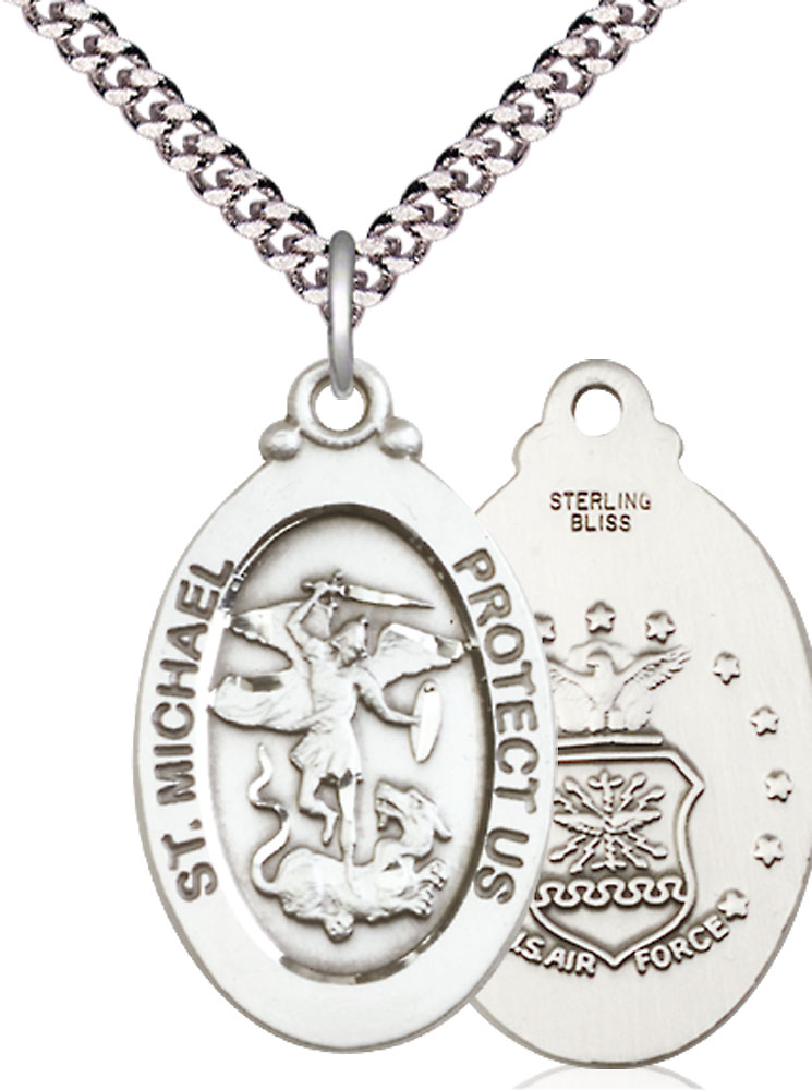 Sterling Silver Saint Michael Air Force Pendant on a 24 inch Light Rhodium Heavy Curb chain
