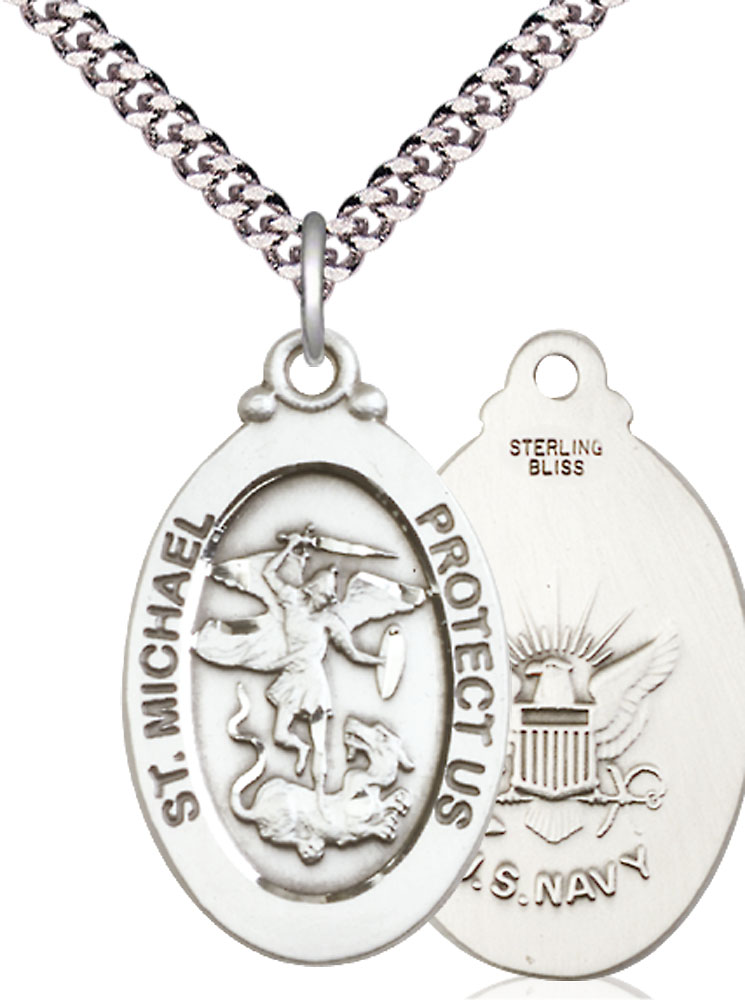 Sterling Silver Saint Michael Navy Pendant on a 24 inch Light Rhodium Heavy Curb chain