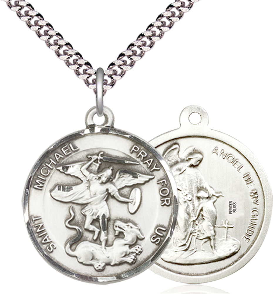 Sterling Silver Saint Michael the Archangel Pendant on a 24 inch Light Rhodium Heavy Curb chain