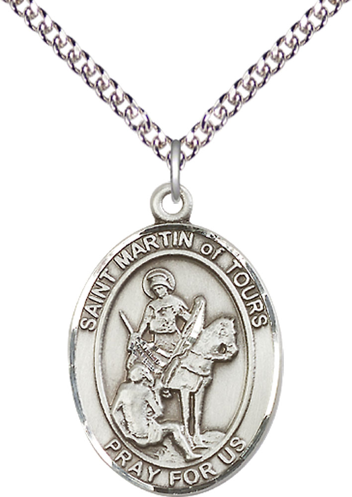 Sterling Silver Saint Martin of Tours Pendant on a 24 inch Sterling Silver Heavy Curb chain