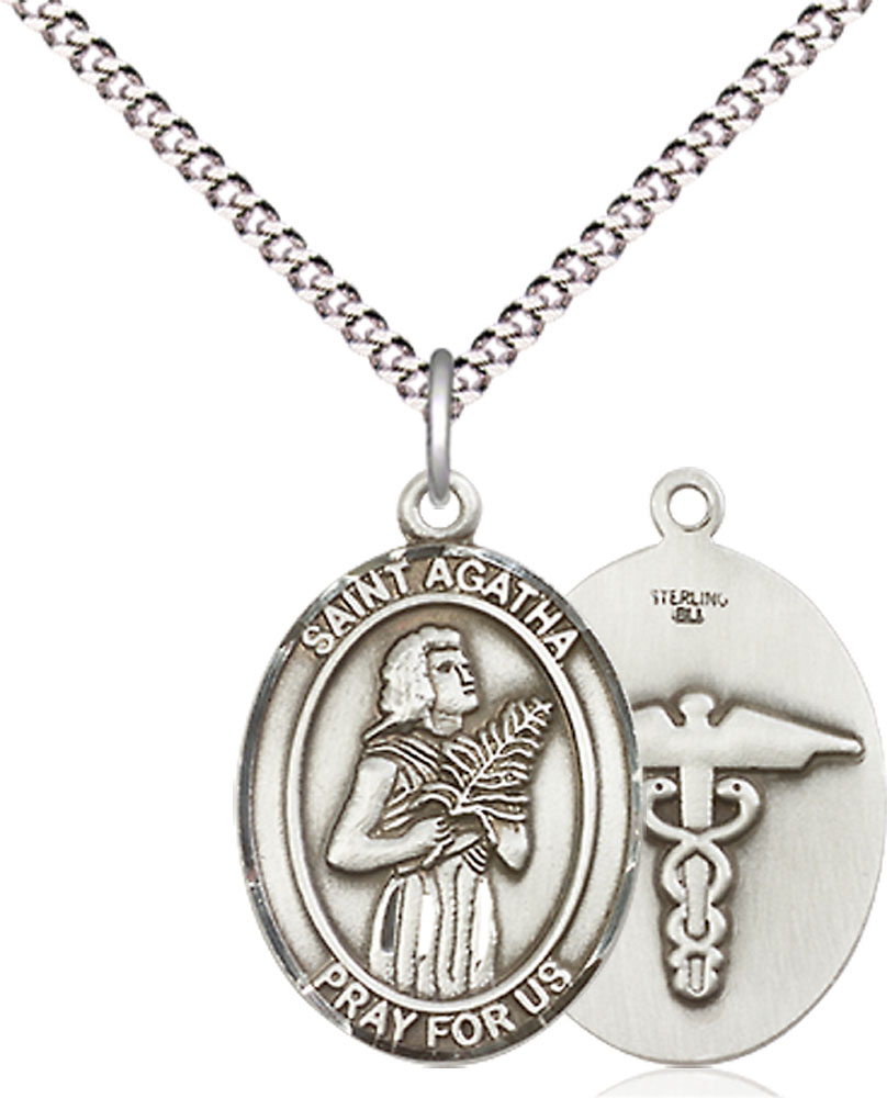 Sterling Silver Saint Agatha Nurse Pendant on a 18 inch Light Rhodium Light Curb chain