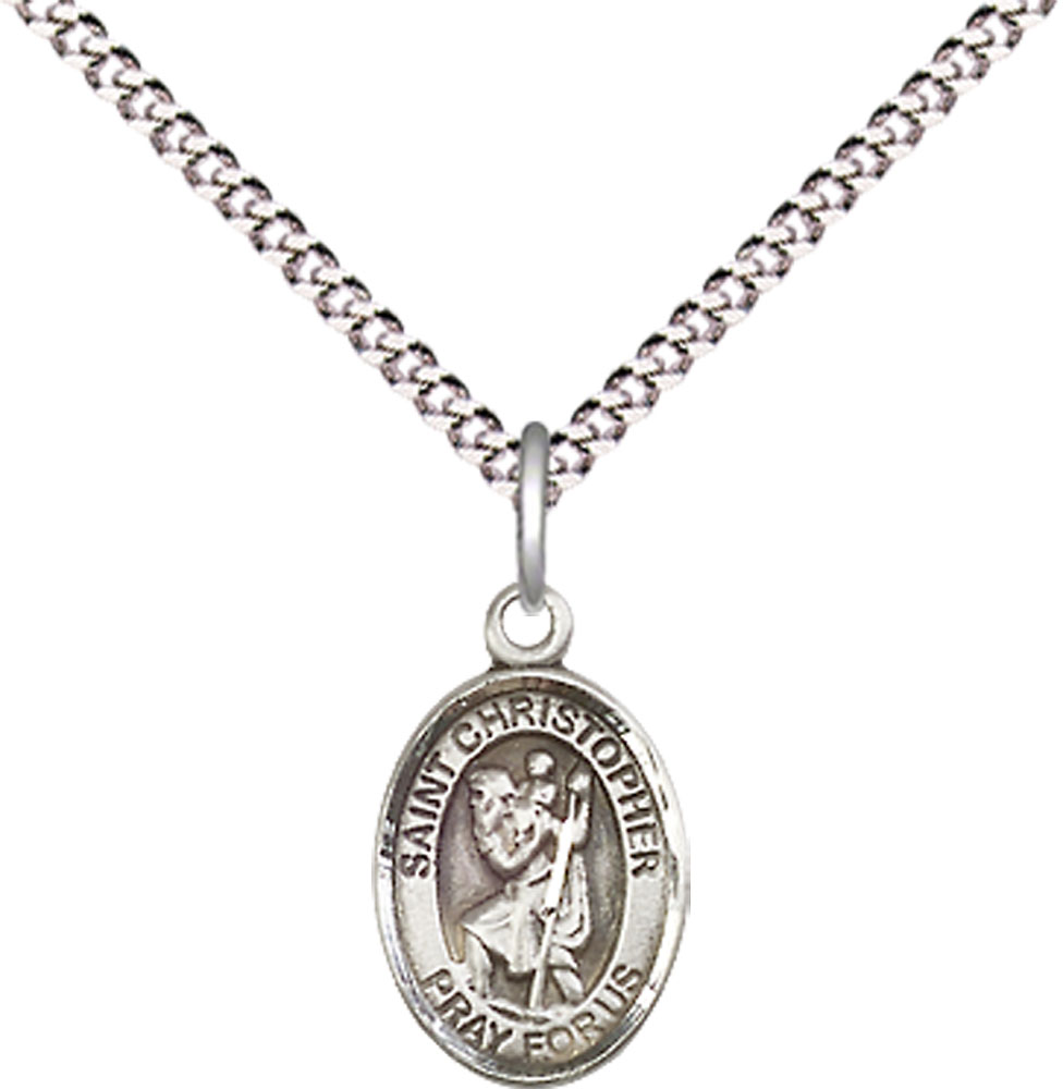 Sterling Silver Saint Christopher Pendant on a 18 inch Light Rhodium Light Curb chain
