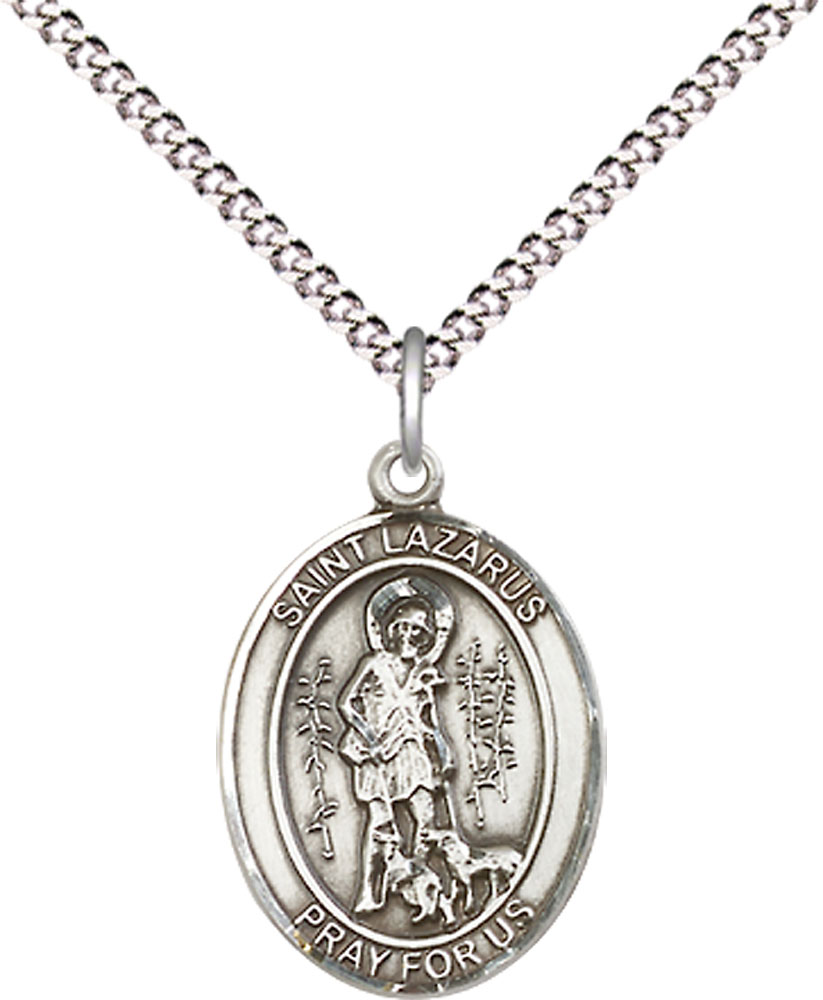 Sterling Silver Saint Lazarus Pendant on a 18 inch Light Rhodium Light Curb chain