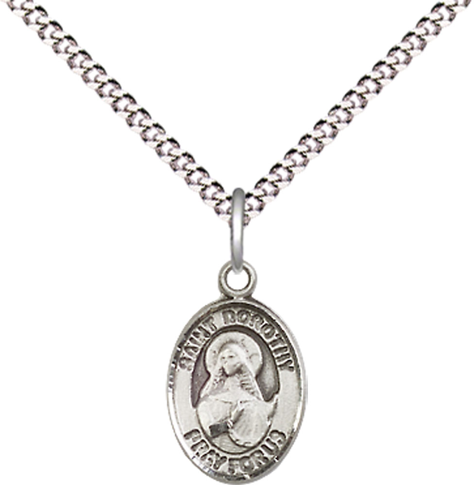 Sterling Silver Saint Dorothy Pendant on a 18 inch Light Rhodium Light Curb chain