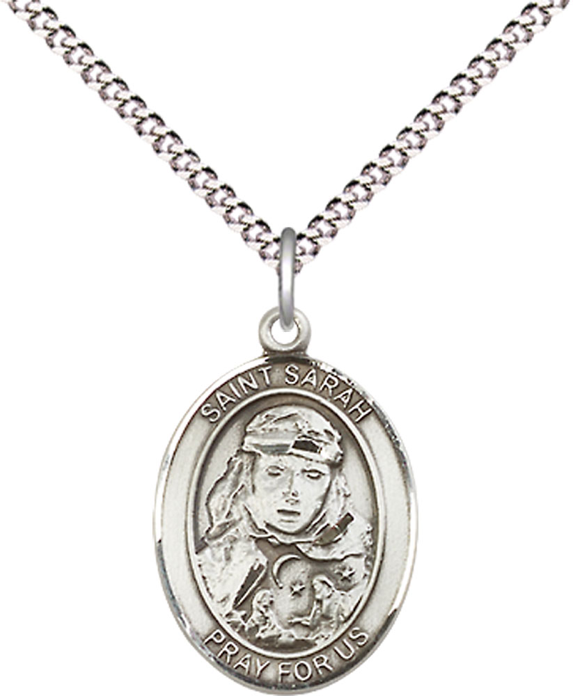 Sterling Silver Saint Sarah Pendant on a 18 inch Light Rhodium Light Curb chain