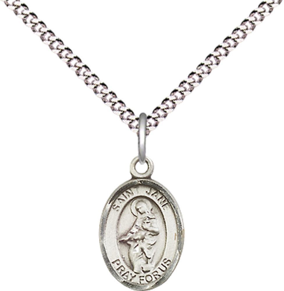 Sterling Silver Saint Jane of Valois Pendant on a 18 inch Light Rhodium Light Curb chain