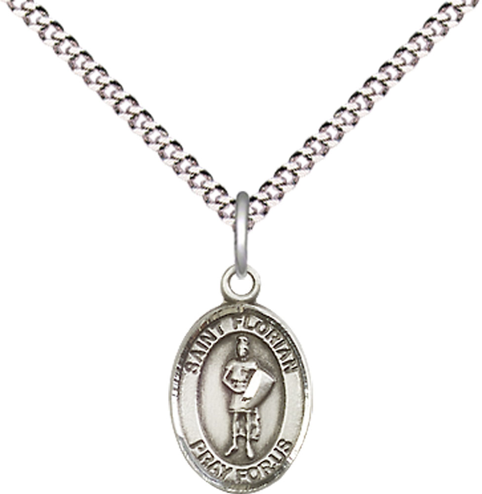 Sterling Silver Saint Florian Pendant on a 18 inch Light Rhodium Light Curb chain