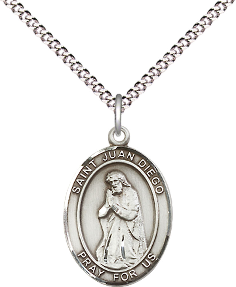 Sterling Silver Saint Juan Diego Pendant on a 18 inch Light Rhodium Light Curb chain