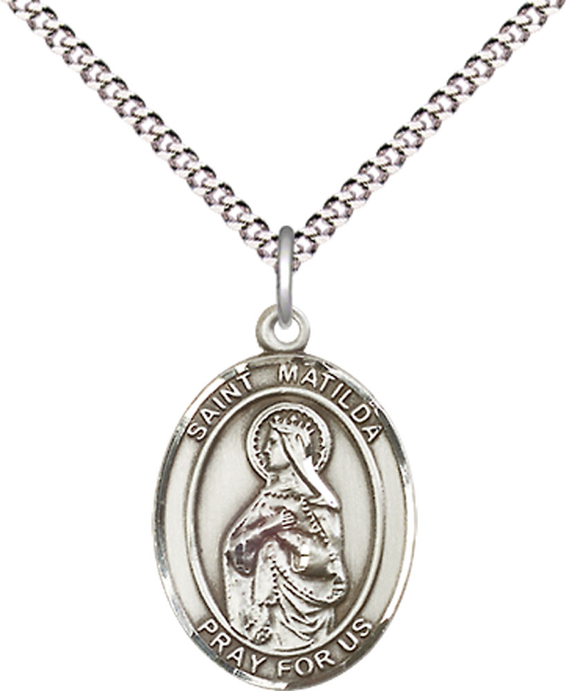 Sterling Silver Saint Matilda Pendant on a 18 inch Light Rhodium Light Curb chain