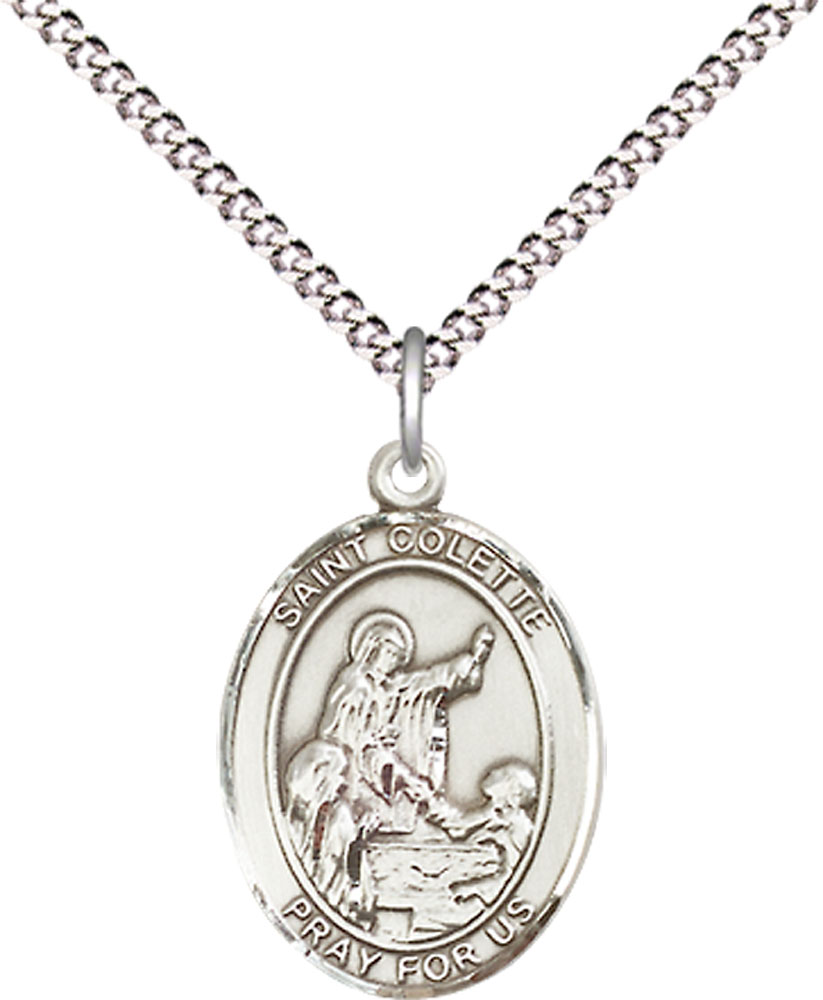 Sterling Silver Saint Colette Pendant on a 18 inch Light Rhodium Light Curb chain
