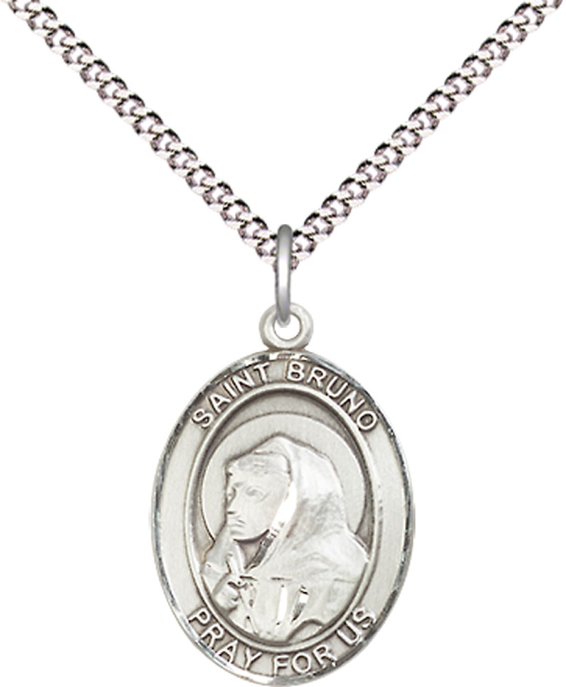 Sterling Silver Saint Bruno Pendant on a 18 inch Light Rhodium Light Curb chain