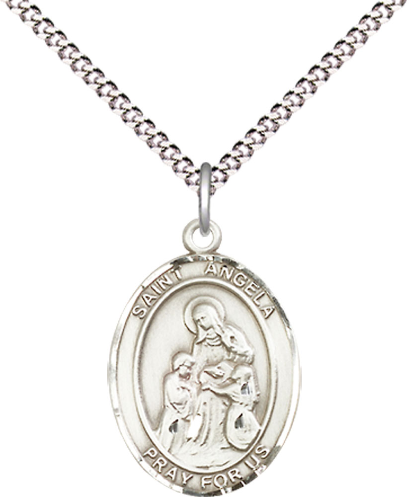 Sterling Silver Saint Angela Merici Pendant on a 18 inch Light Rhodium Light Curb chain
