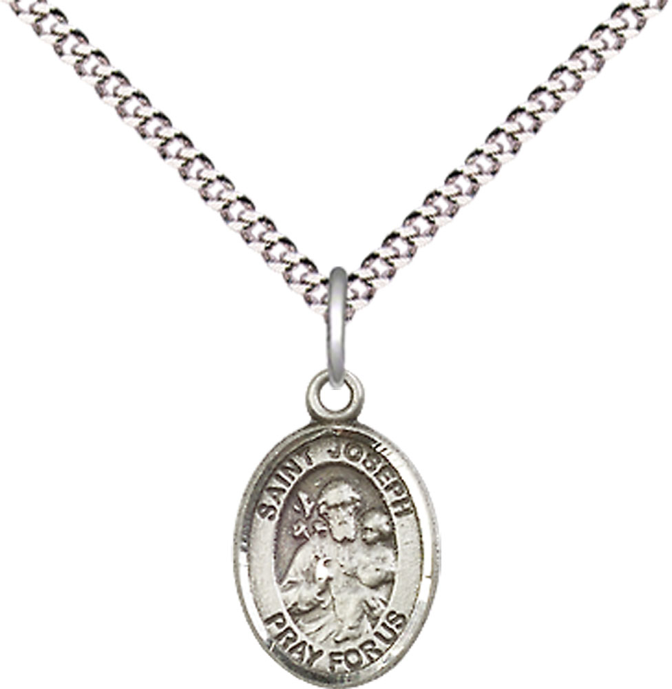 Sterling Silver Saint Joseph Pendant on a 18 inch Light Rhodium Light Curb chain