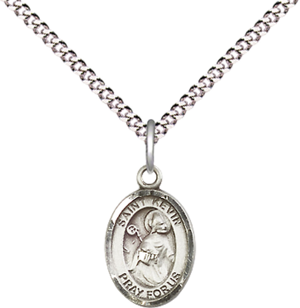 Sterling Silver Saint Kevin Pendant on a 18 inch Light Rhodium Light Curb chain