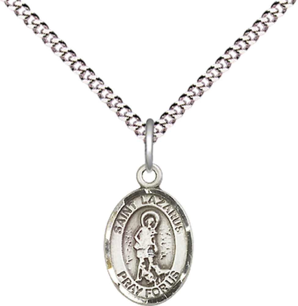 Sterling Silver Saint Lazarus Pendant on a 18 inch Light Rhodium Light Curb chain