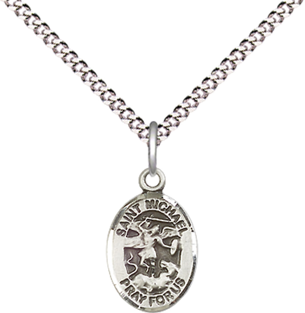 Sterling Silver Saint Michael the Archangel Pendant on a 18 inch Light Rhodium Light Curb chain