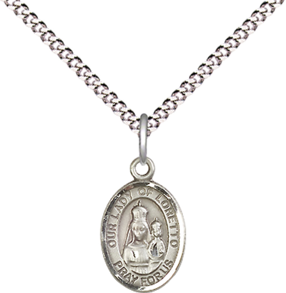 Sterling Silver Our Lady of Loretto Pendant on a 18 inch Light Rhodium Light Curb chain