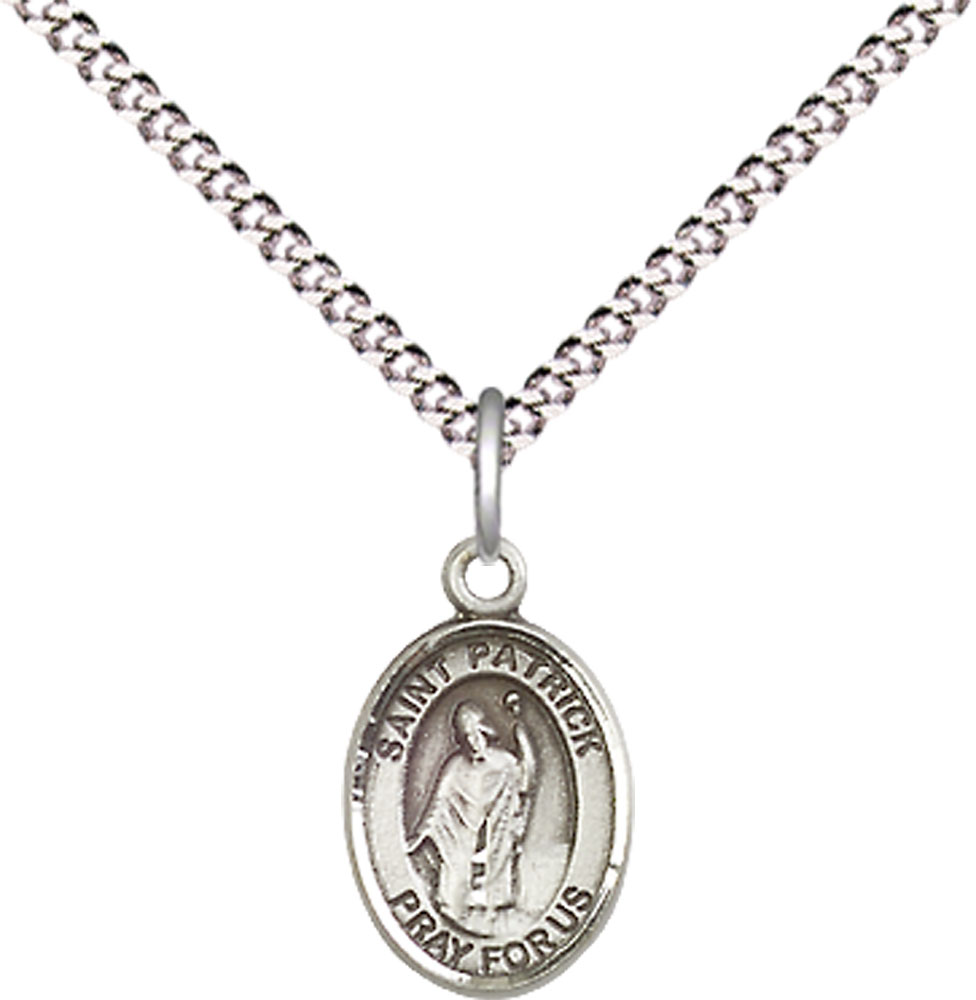 Sterling Silver Saint Patrick Pendant on a 18 inch Light Rhodium Light Curb chain