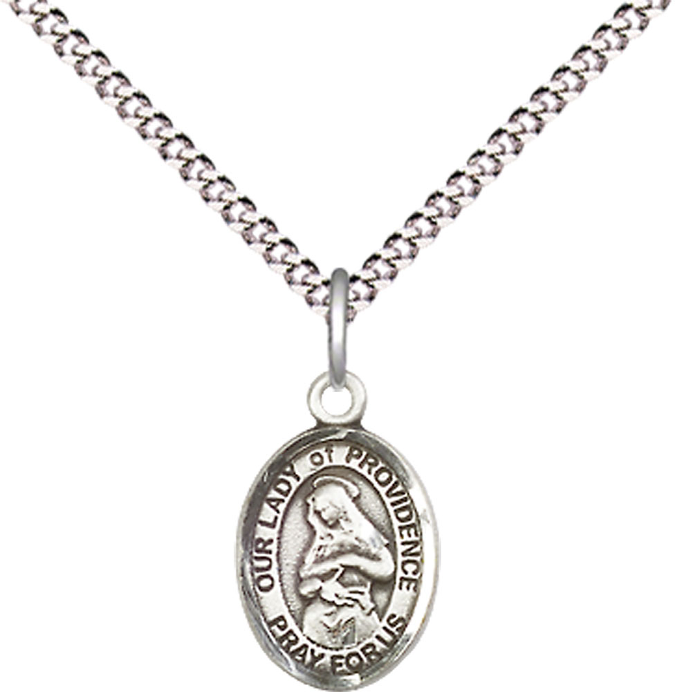 Sterling Silver Our Lady of Providence Pendant on a 18 inch Light Rhodium Light Curb chain