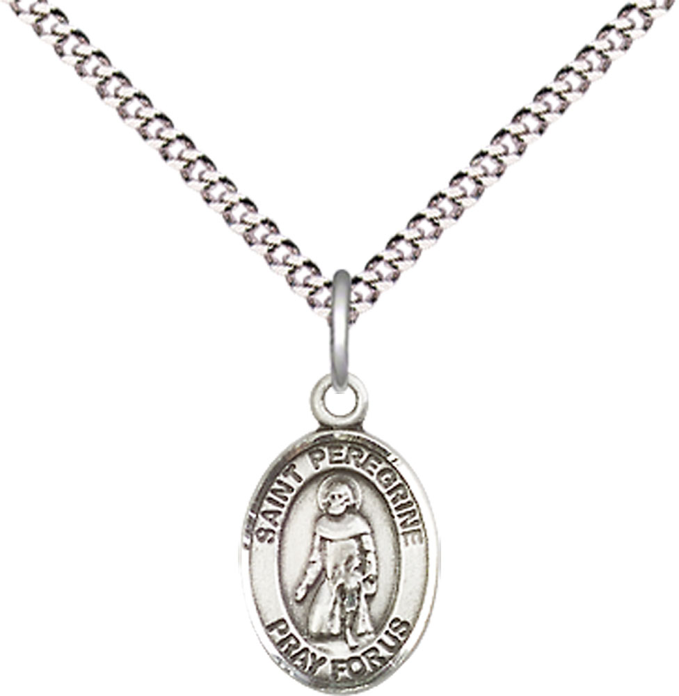 Sterling Silver Saint Peregrine Laziosi Pendant on a 18 inch Light Rhodium Light Curb chain