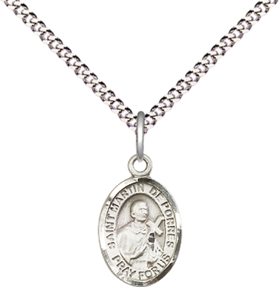 Sterling Silver Saint Martin de Porres Pendant on a 18 inch Light Rhodium Light Curb chain