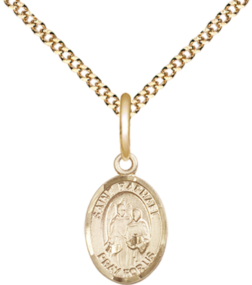 14kt Gold Filled Saint Raphael the Archangel Pendant on a 18 inch Gold Plate Light Curb chain
