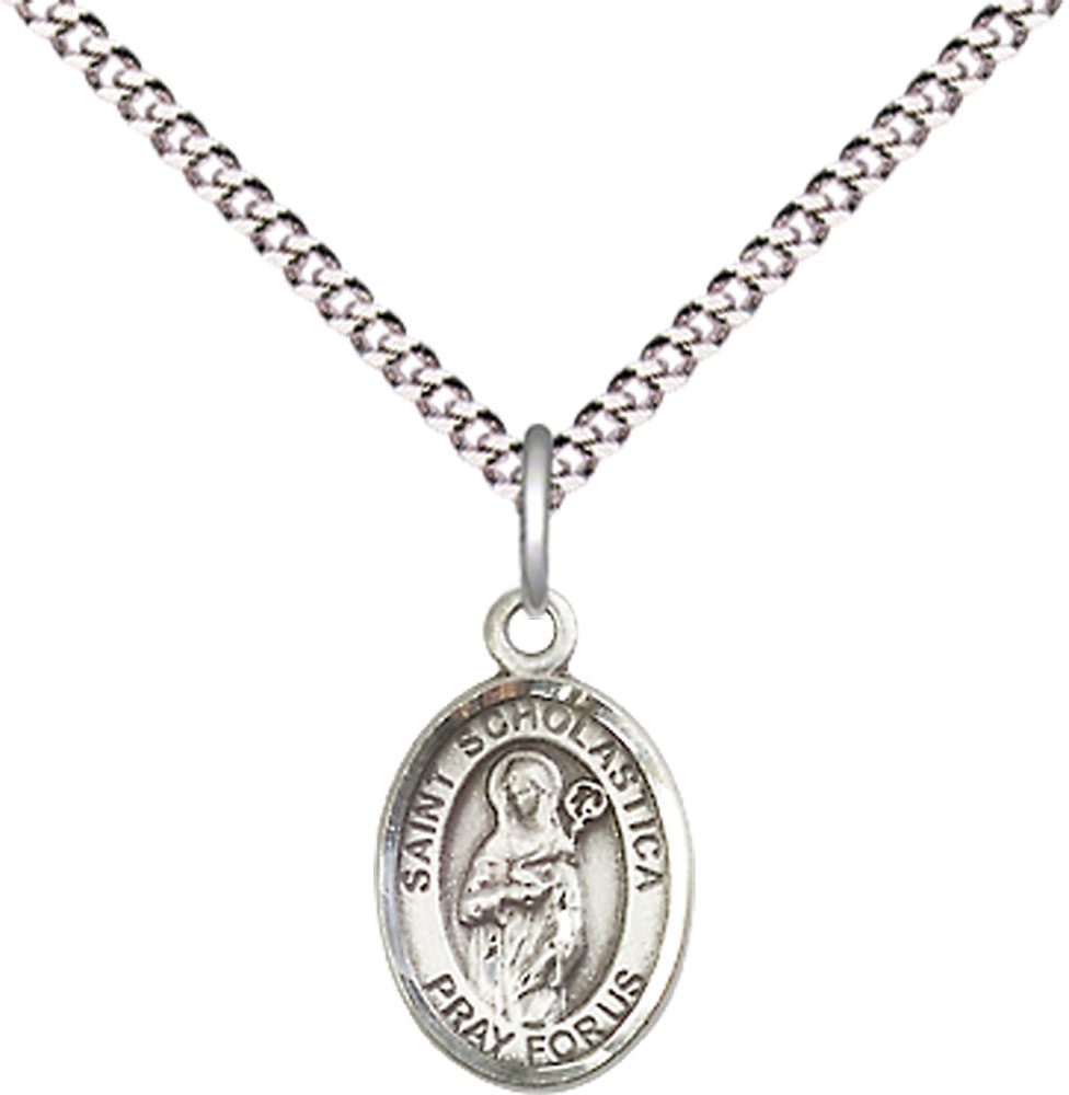Sterling Silver Saint Scholastica Pendant on a 18 inch Light Rhodium Light Curb chain
