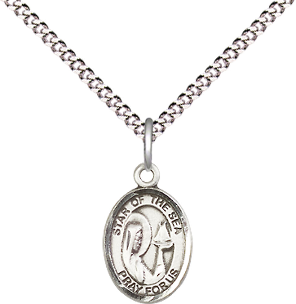 Sterling Silver Our Lady Star of the Sea Pendant on a 18 inch Light Rhodium Light Curb chain