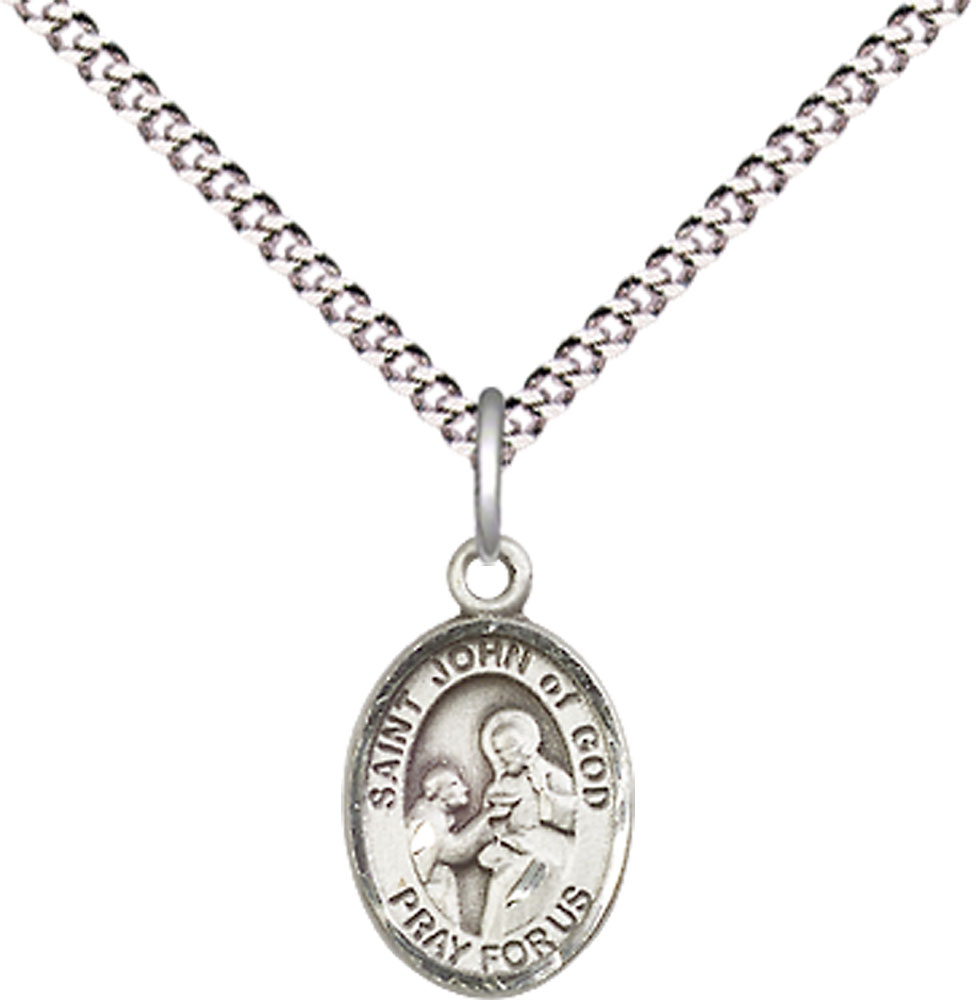 Sterling Silver Saint John of God Pendant on a 18 inch Light Rhodium Light Curb chain