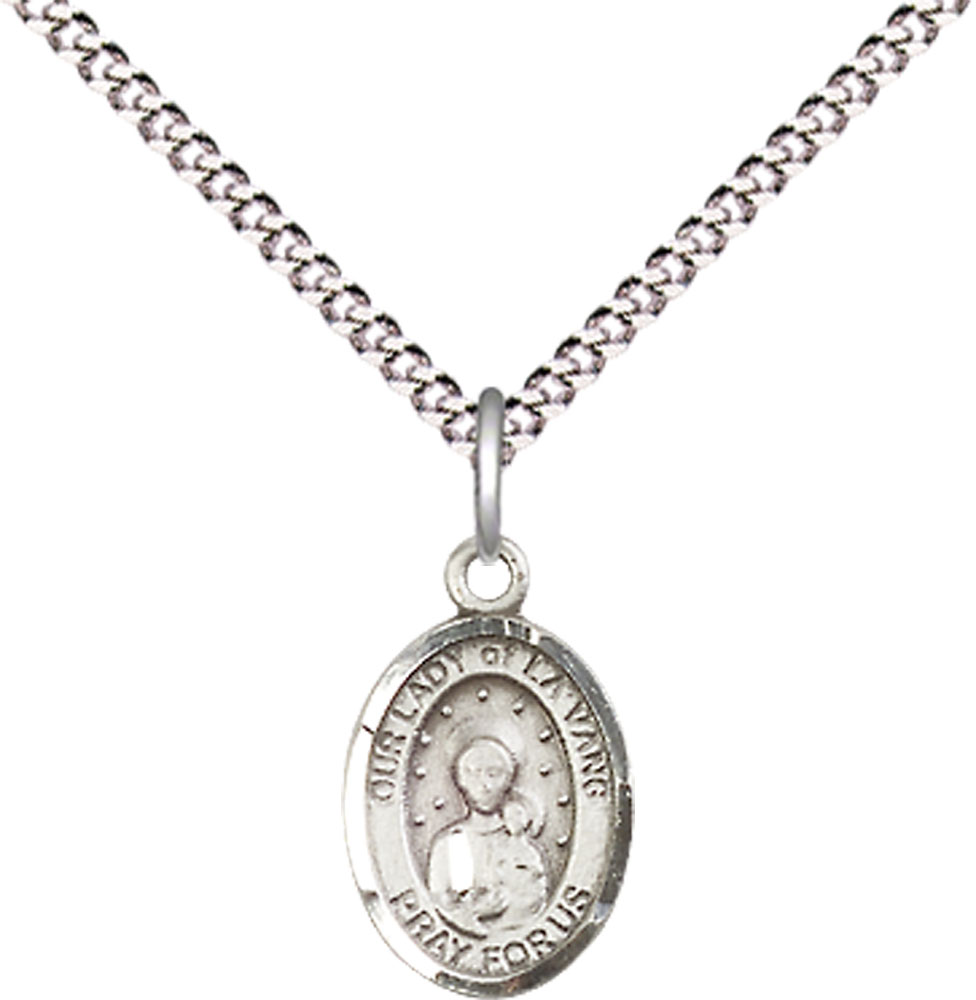 Sterling Silver Our Lady of la Vang Pendant on a 18 inch Light Rhodium Light Curb chain