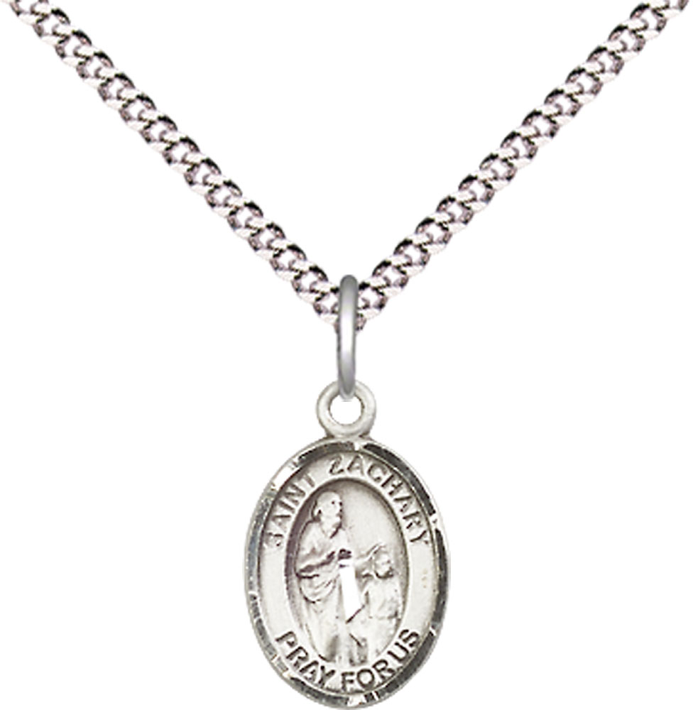 Sterling Silver Saint Zachary Pendant on a 18 inch Light Rhodium Light Curb chain