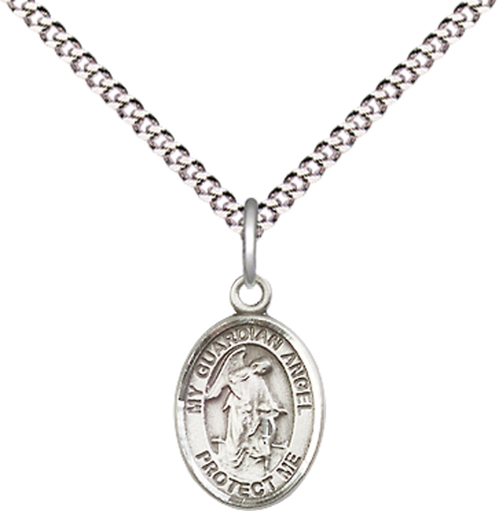 Sterling Silver Guardian Angel Pendant on a 18 inch Light Rhodium Light Curb chain